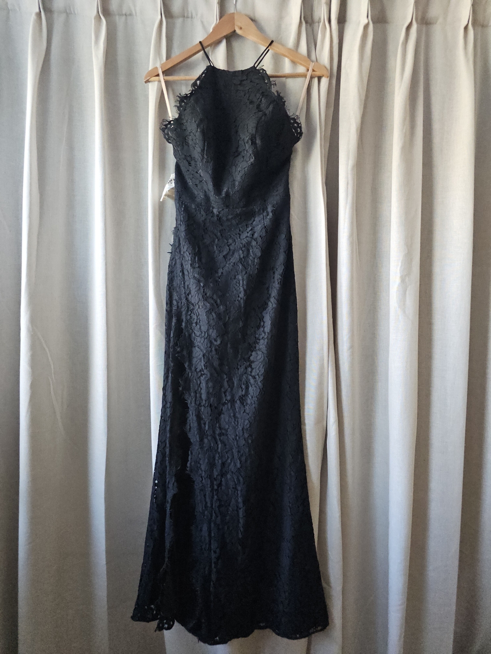 Fame & Partners Dragon Eyes black lace open back maxi gown NWT